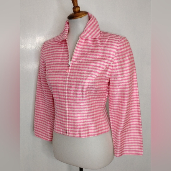 PINK GINGHAM RAW SILK CROP JACKET - Picture 12 of 12